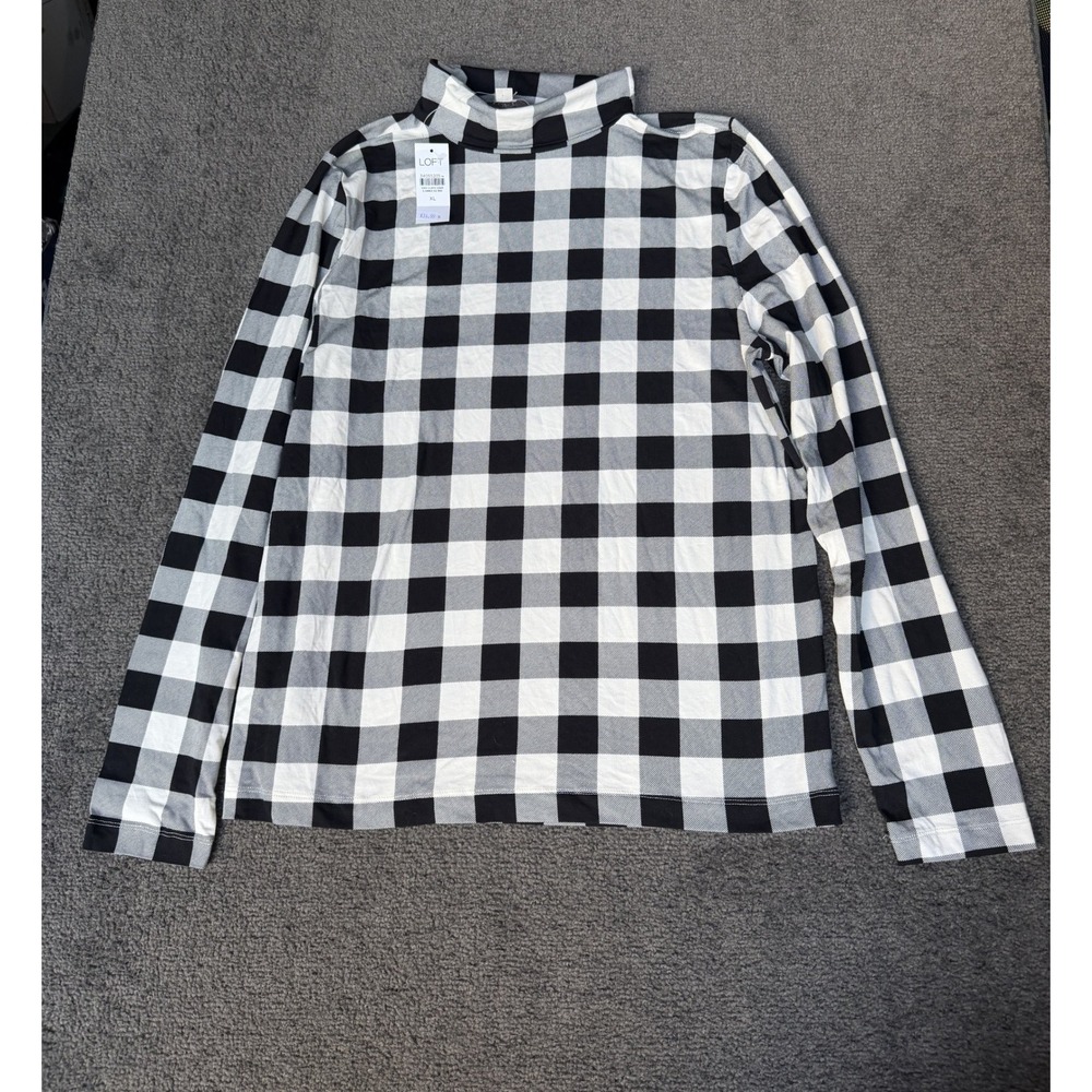 LOFT Womens XL Buffalo Plaid Mock Neck Long Sleeve Top Black White NEW
